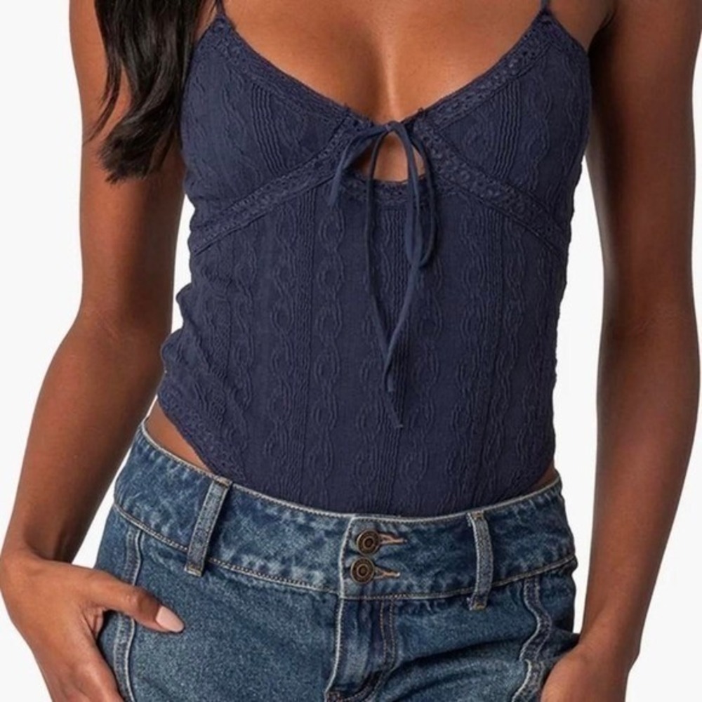 Edikted Navy Blue Cable Knit Lace Trim Tie Front Bodysuit Small NEW